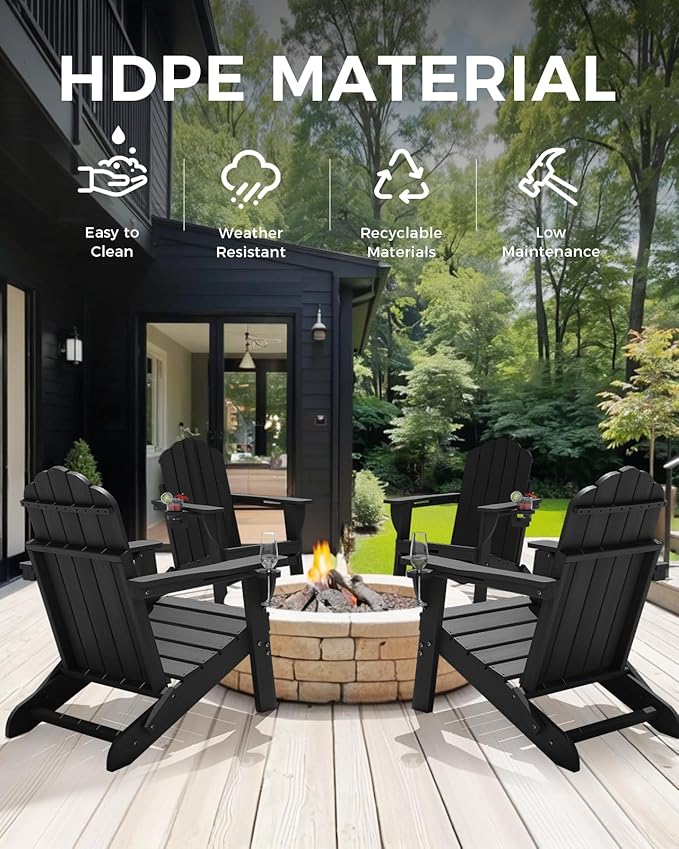 Adirondack Chairs Set of 4, Foldable Adirondack Chairs with 2 Cup Holder, Wood Texture HDPE Fire Pit Chairs, Outdoor Lawn Chair for Patio Garden, Black