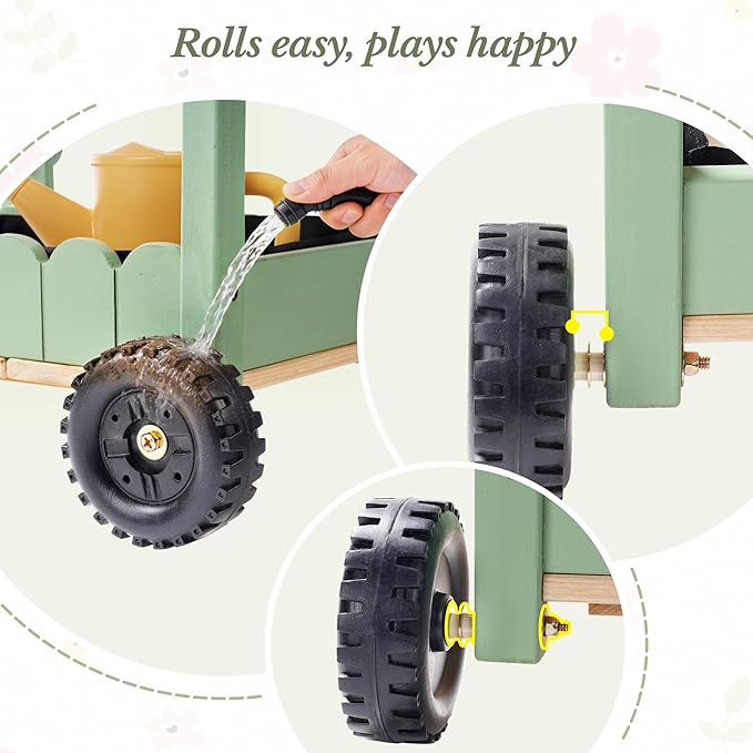 ROBOTIME Kids Gardening Tools with Cart Wheelbarrow - Wooden Outdoor Garden Toys Set with Watering Can, Shovel, Hand Rake & Plant Labels, Outdoor Backyard Play Toys for Toddler Gift (Green)