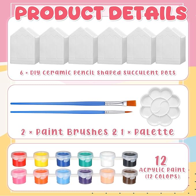 Beeveer 6 Sets Paint Your Own Succulent Planter Shaped Ceramic Mini Unpainted Flower Pots DIY Paintable Succulent Plant Pots for Kids Classroom DIY Craft Project Activity (Pencil)