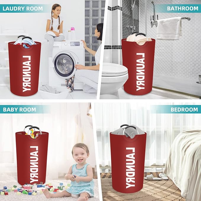 90L Large Laundry Basket, Dirty Clothes Waterproof Laundry Hamper, Red | Collapsible Laundry Basket with Foam Protected Aluminum Handles for Laundry Dorm Family, Black Dirty Clothes Hamper