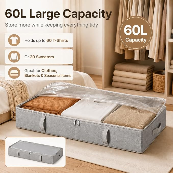Side-Supported Under Bed Storage Containers, 6 Inch 60L Clothes Storage Bin | Underbed Storage Bin with Sturdy Handles and Sidewalls, Closet Organizer for Clothes, Blankets, Seasonal Items, Gray, 2 Pack