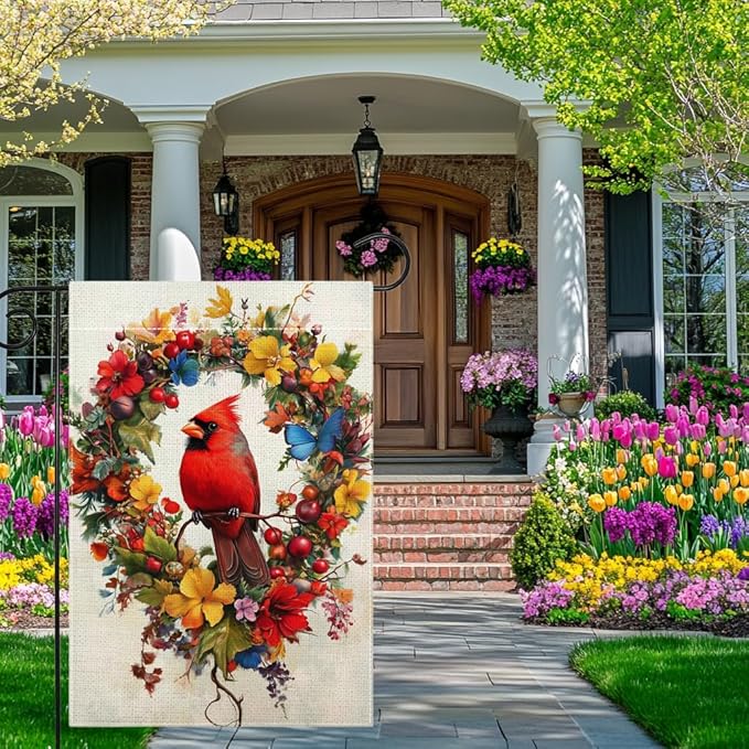 Red Bird Butterfly Flowers Garden Flag 12x18 Inch Double Sided Spring Summer Cardinal Colorful Floral Love Hearts Yard Outdoor Flag House Holiday Outside Decoration