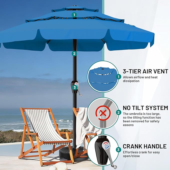 AreShark 12FT 3-Tiers Patio Umbrella with Valance, Outdoor with Crank, Large Outdoor Market Umbrellas Vented with 8 Sturdy Ribs, Patio Table Umbrellas for Garden, Deck, Backyard, Pool, Royal Blue