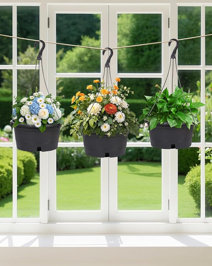 VIDELLY 12 Inch Large Hanging Planters for Indoor Plants,2 Pack Plastic Hanging Basket Pots with Drainage Trays & Chain Holders for Outdoor Indoor Plants Garden Balcony Decoration (Dark Gray)