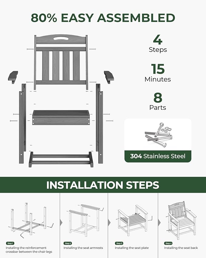 Patio Chairs, HDPE Outdoor Dining Chairs with Wide Seat, All Weather Oversized Porch Chair for Garden, Backyard, Deck - Grey