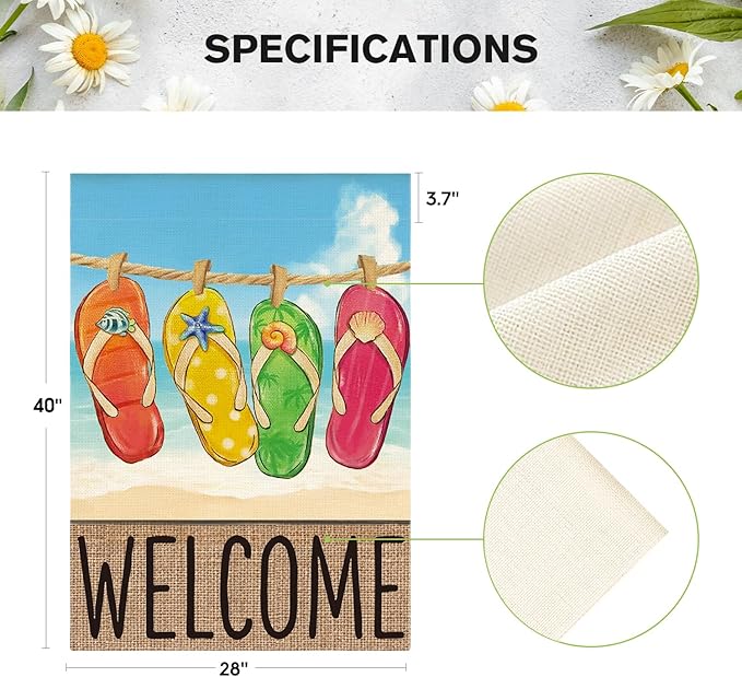AVOIN colorlife Summer Beach Flip-flop House Flag 28x40 Inch Double Sided, Welcome Seasonal Holiday Burlap Yard Outdoor Decoration