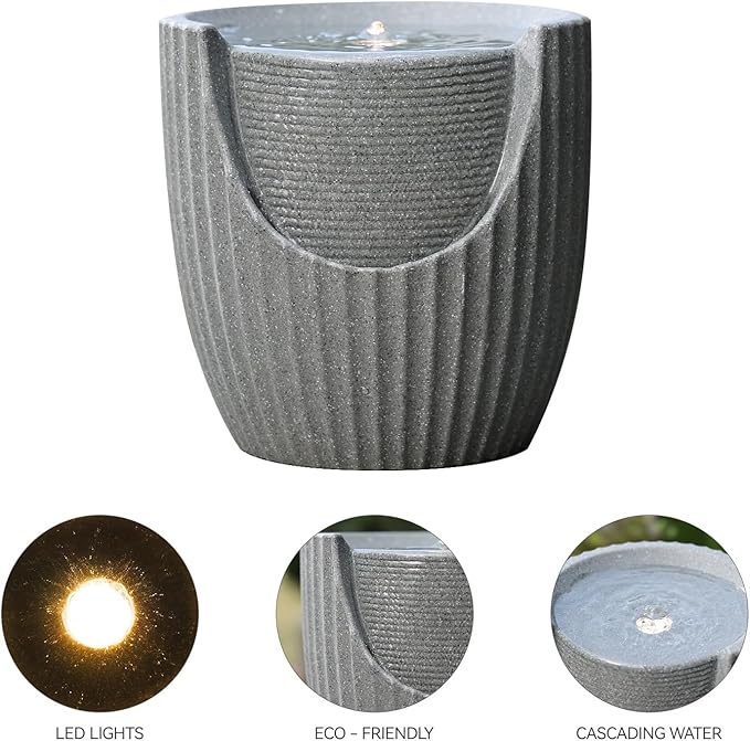 9.84” H Small Outdoor Water Fountain Made with Eco-Friendly Recyclable Materials, Polyethylene Bubbler Water Fountain, Outdoor Tabletop Decor with LED Lights for Patio, Porch, Backyard (9.84")