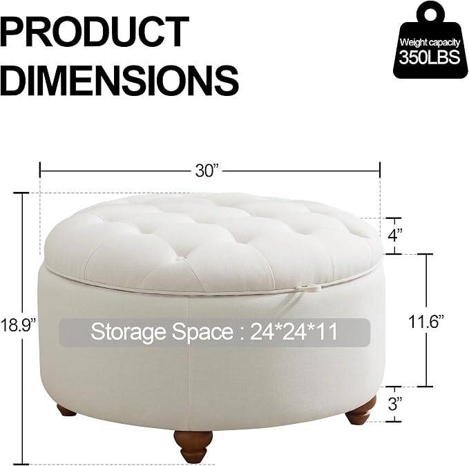 30'' Round Ottoman Coffee Table with Storage, Upholstered Tufted Ottoman with Flip Tray, Solid Wood Legs for Living Room, Bedroom, Beige