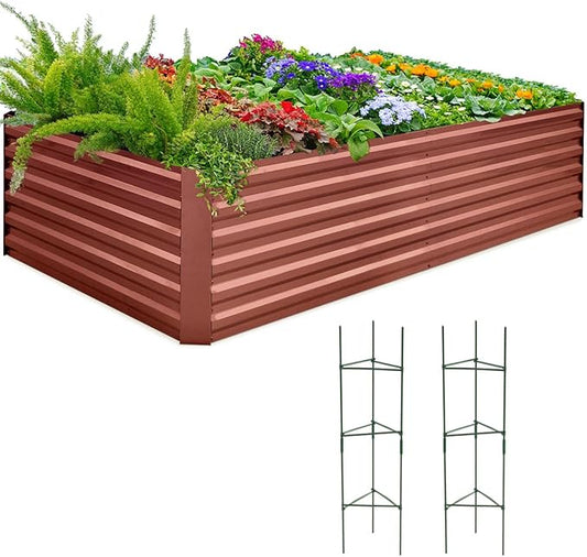 Quictent Galvanized Raised Garden Bed 8x4x2 Ft Tall Metal Planter Box for Vegetables Bottomless for Backyard, 2 Tomato Cages Included, 22.04" Deep, Terracotta