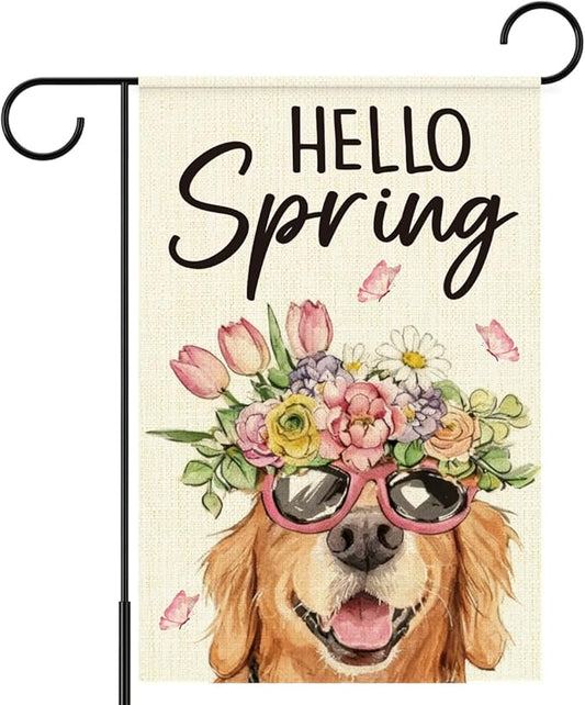 Hello Spring Flags for Outside,Golden Retriever Garden Flag for Yard Patio Lawn Decoration,12x18 Inch Double Sided