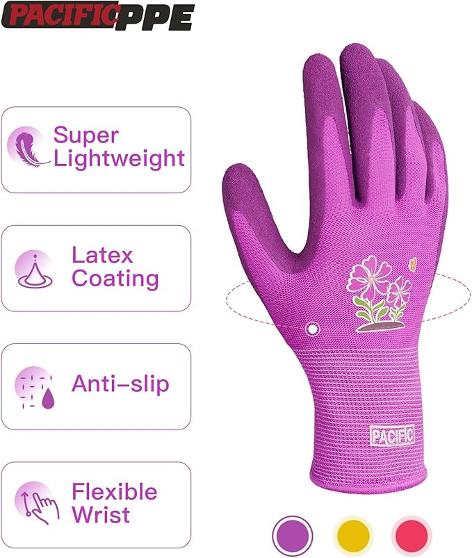 PACIFIC PPE 3 Pairs Gardening Gloves for women, Rubber Coated Garden Gloves, Ladies Yard Work Gloves, Breathable, Purple & Yellow & Red, Medium
