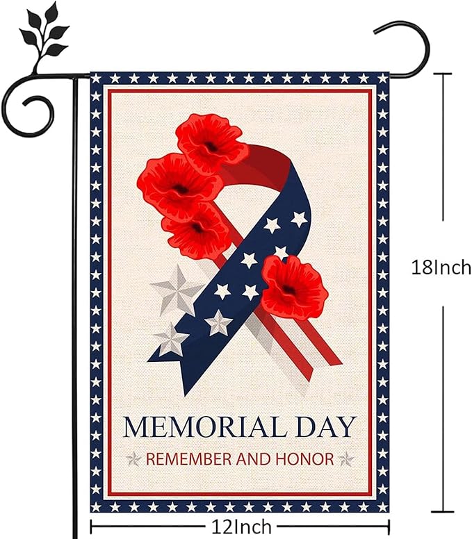 Memorial Day Garden Flag 12x18 Inch Double Sided Outside Remember and Honor Patriotic Flag for Stars and Stripes Ribbon Poppy for Veteran 4th of July Independence Day Yard Outdoor Decoration