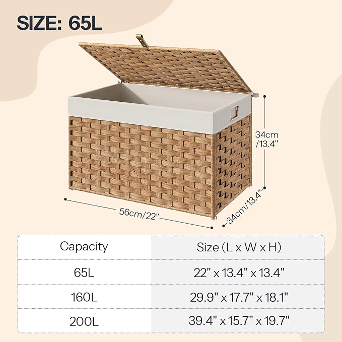 HOOBRO Storage Basket with Lid, 17.2 Gallon (65L) Wicker Basket, Handwoven Blanket Storage Basket with Handles, Metal Frame and Soft Lining, Foldable for Bedroom, Laundry Room, Natural NL265CW01