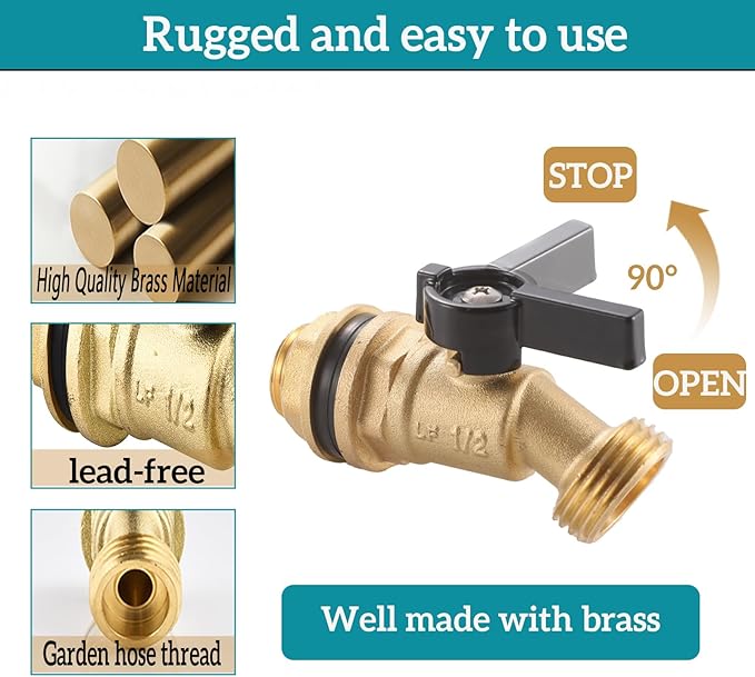 Brass Water Container Rain Barrel Spigot/Faucets， Lead-Free Compliant Spigot 1/2" Inlet to 3/4"GHT Male Thread Outlet with Quarter Turn Spigot Include Bulkhead Fitting and Washers