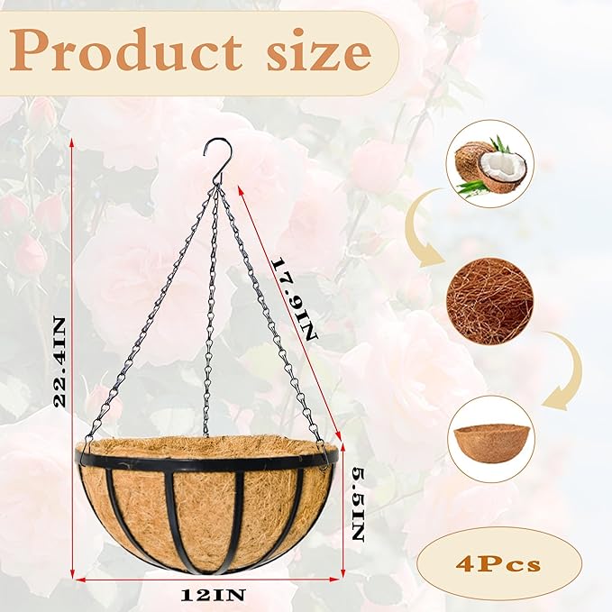 4 Pack 12" Round Metal Hanging Basket for Outdoor Plants Durable Large Hanging Planter with Coco Coir Round Plant Holders Planter for Outside Garden Decoration (Flat Iron)