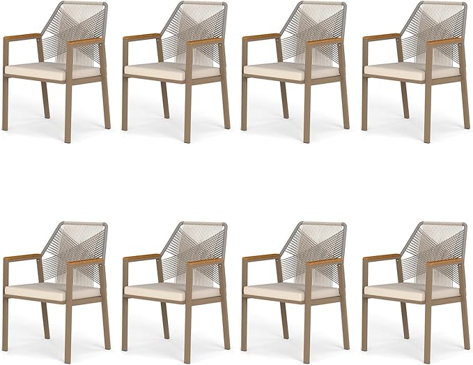 Aluminum Outdoor Patio Dining Chairs - Imitation Rope Vine Chair Ergonomic Backrest Design Detachable Seat Cushion Soft and Breathable Garden Porch Light Brown Set of 8