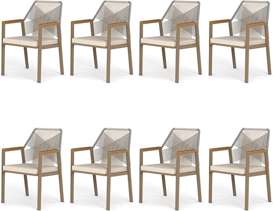Aluminum Outdoor Patio Dining Chairs - Imitation Rope Vine Chair Ergonomic Backrest Design Detachable Seat Cushion Soft and Breathable Garden Porch Light Brown Set of 8