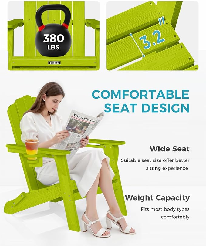AEesdom Adirondack Chairs Set of 2, HDPE Material Fire Pit Chairs, Plastic Adirondack Chairs with 2 Cup Holder, Outdoor Lawn Chair for Patio Garden, LemonGreen