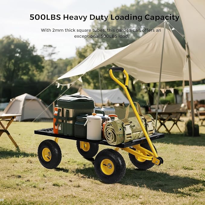 SUNNYFEEL 500 Lbs Capacity Heavy Duty Mesh Steel Garden Cart, Folding Utility Wagon with Removable Sides,10 Inch Flat Free Tires, Black & Yellow