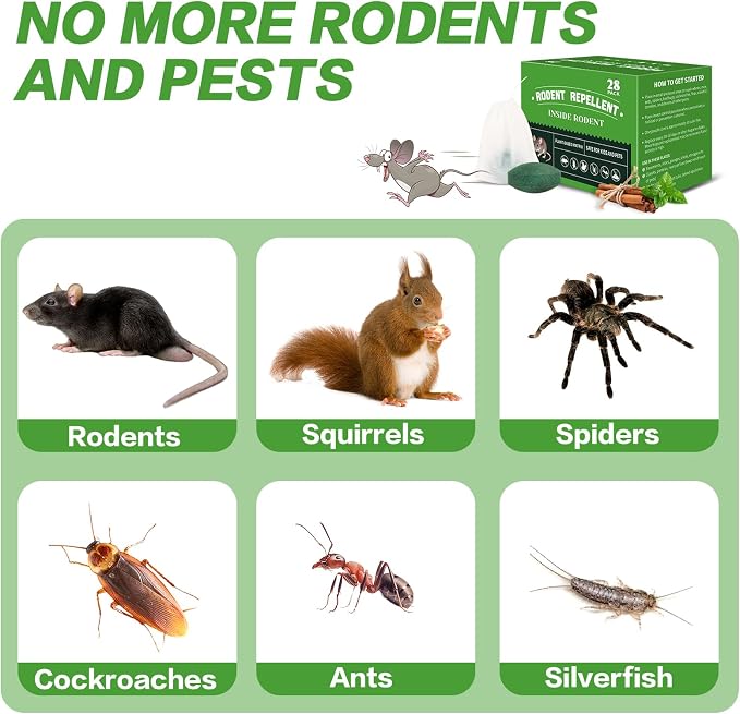 Mouse Repellent Tablets - 28 Pack Powerful Peppermint Oil Rodent Repellent | Suitable for Indoor & Outdoor Use, Cars, Home, Kitchen, Basement, Garage, Suitable for Family and Pets