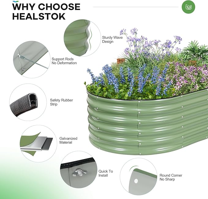 Galvanized Raised Garden Beds Outdoor, 6x3x1.4ft Oval Metal Raised Beds for Gardening, Rust-Resistant Garden Planter Box for Planting Vegetables, Flowers, Fruits in Lawn(Olive Green, 2 Packs)