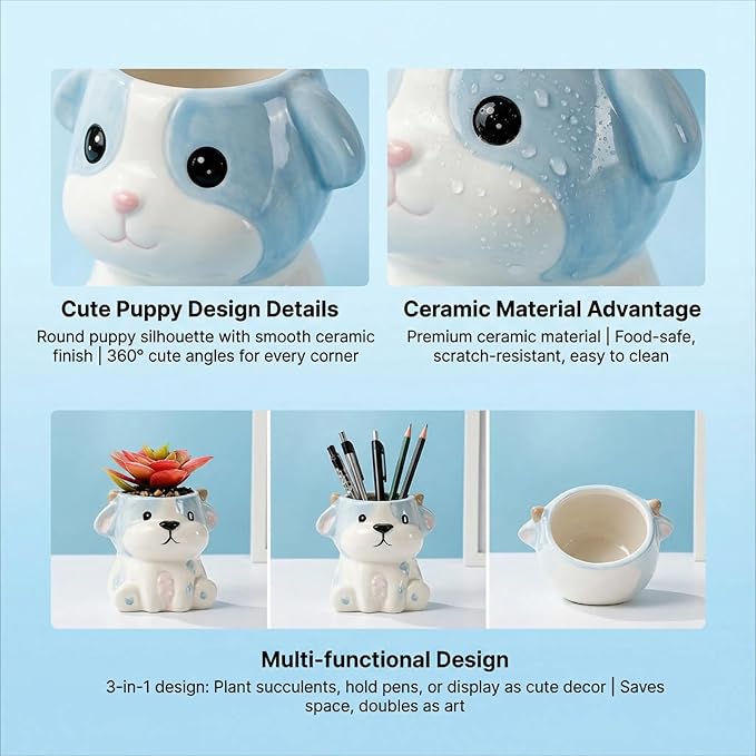 Cute Animal Ceramic Succulent Planters, Small Bonsai Planter, Aloe Cactus Succulent Plant Pots with Drainage Indoor Outdoor Use for Office Home Garden Decoration, Plants Not Included (Cow)