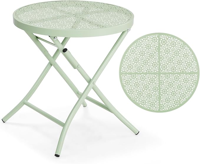 VINGLI Outdoor Folding Side Table with Chic Hollow Pattern and Durable, Rust-Resistant Coated Iron Patio Bistro Table Suitable for Indoor & Outdoor Porch, Deck, Balcony and Pool,Green