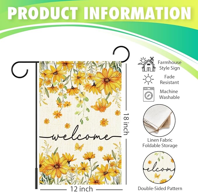 Welcome Flags for Outside,Spring Yellow Daisy Garden Flag for Yard Patio Lawn Decoration,12x18 Inch Double Sided