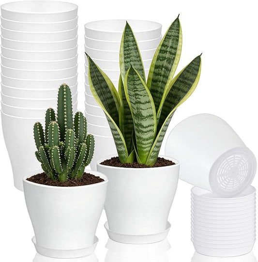 24 Set 4 Inch White Plant Nursery Pots,Plastic Planters Succulent Container with Trays and Drainage Holes for Indoor Outdoor Small Plants,Herbs,Seeds