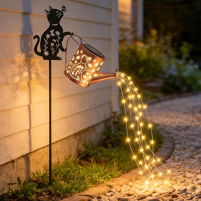 Solar Outdoor Garden Decorative, Watering Can with Light, Featuring Metal Cat Silhouette Garden Stake, Mother's Gift for Women, Waterproof Garden Decor (1 Pc Cat Watering Can Light)