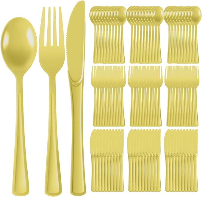 Plastic Silverware 300 PCS Disposable Silverware Heavy Duty Utensil Sets 100 Of Each Forks Knives & Spoons Disposable Cutlery Set For Easter,Birthday,Baby Shower,Garden Party,Wedding(300,Light Yellow)