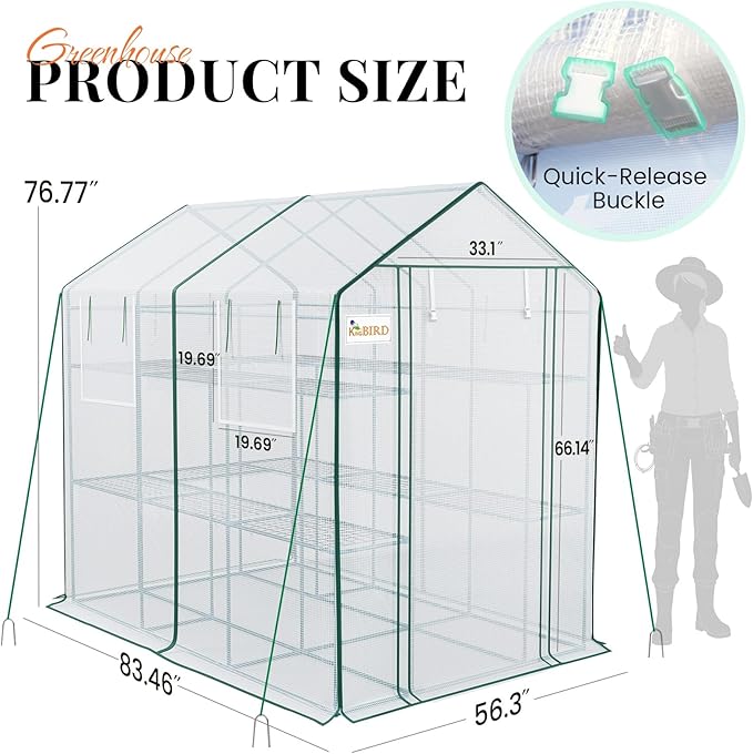 KING BIRD Premium Greenhouse for Outdoors, 84x56x77 Upgraded PVC Cover & Heavy Duty Steel Frame Walk-in Portable Green House for Outside Garden, Screen Windows & Mesh Door, 3 Tiers 14 Shelves, White