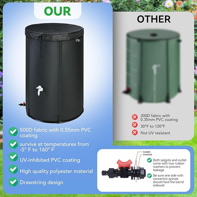 100 Gallon Rain Barrel Water Tank - Portable Collapsible Rain Water Collection Barrel - Large Water Storage Tank - Stable Water Barrels Rain Catcher with Spigot Overflow Kit, Black