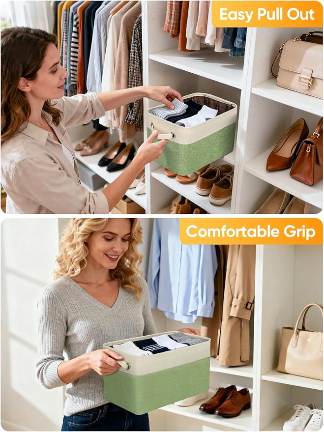 BALEINE 2 Pack Fabric Closet Storage Bins for Shelves, Linen Closet Organizers and Storage, Decorative Baskets for Organizing, Shelf, Clothes, Home, Office (Green, 14''x10''x8.5'')