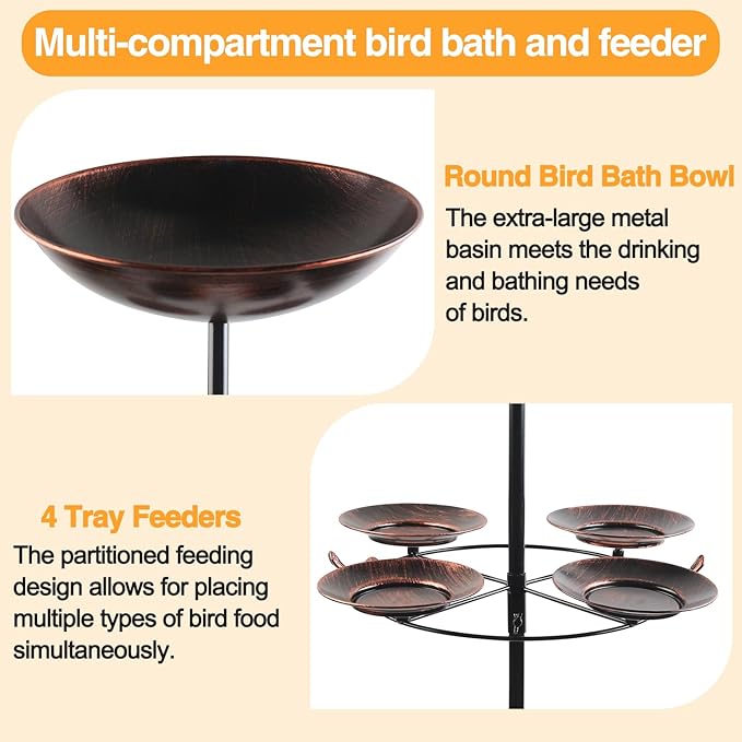 2.8" Deep 41" Tall Metal Bird Bath Bow with 4 Set Bird Feeder for Outdoors,12" Dia 2-in-1 Bird Bath & Feeder Water Bowl,Vintage Standing Birdbaths with Stable Stake for Garden Yard Lawn Decor