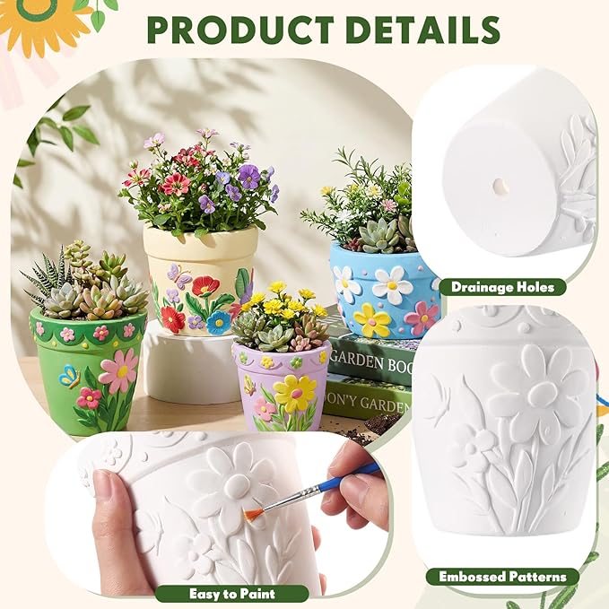Zubebe 12 Pcs Spring Paint Your Own Flower Plaster Pots Bulk Unfinished Succulent Pots Painting Kit with Drainage Hole Mini Paintable Plant Vase Ready to Paint Planter for Spring Mother DIY Craft