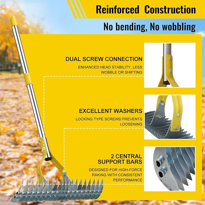 Garden Leaf Rake,Dual Function Thatching Rake for Lawn Dead Grass Leaves, Stainless Steel Heavy Duty 69” Lawn Dethatcher with Sharp 19 Tines, Fast Weeds, Leaf, Thatch, Dead Grass Removal Garden Tool