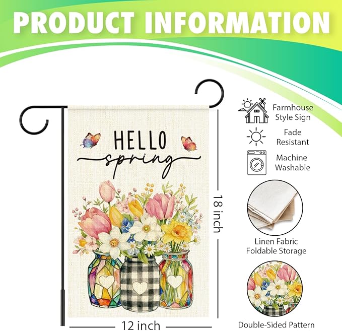 Hello Spring Flags for Outside,Floral Mason Jar Garden Flag for Yard Patio Lawn Decoration,12x18 Inch Double Sided