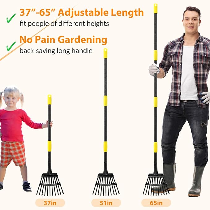 Rake for Leaves - 11 Tines Heavy Duty Metal Small Narrow Leaf Rakes, Adjustable Garden Rake for Lawns Yard Flower Bed Grass Mulch Shrub Camping Gardening 65inch