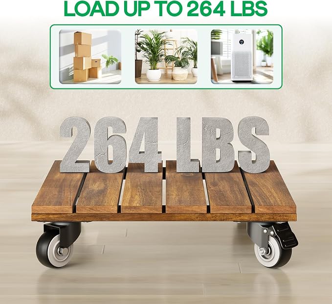 2-Pack 12 Inch Acacia Wood Rolling Square Plant Caddy for Plant Pots, Heavy Duty Plant Stand with 360° Lockable Wheels, 264 lbs Capacity Caddy for Indoor and Outdoor Use, Natural Wood