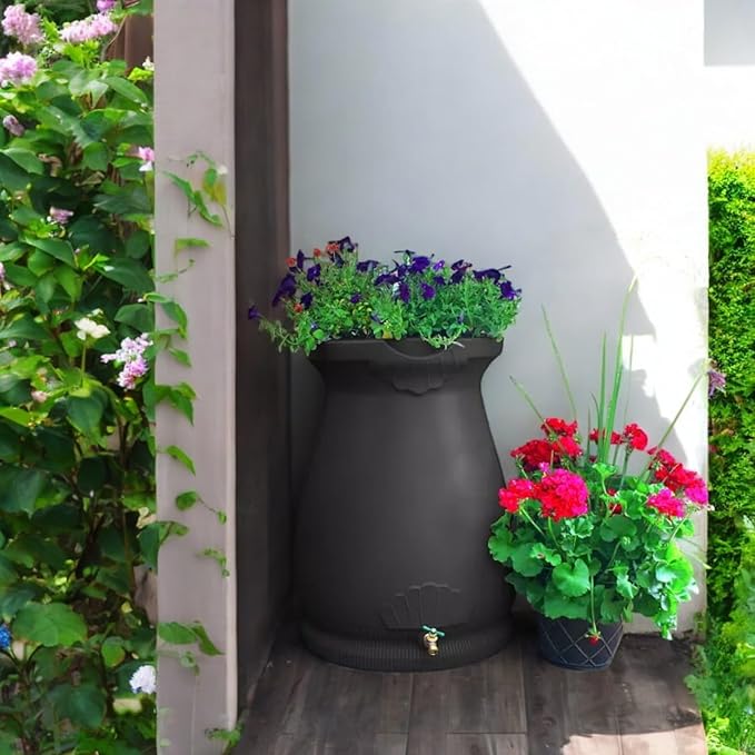 Rain Wizard Decorative Urn Rain Barrel, Durable polyethylene Resin, with Brass Spigot, Flat-Back Design,Perfect for Gardening Any Home (Black, 65 Gallon)