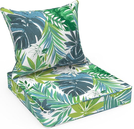 LVTXIII Outdoor Deep Seat Cushion Patio Seat and Back Cushion Set Seasonal Chair Cushion with Removable Cover and Adjustable Buckle for Home and Garden, 24"x24"x4", Islamorada Blue Green