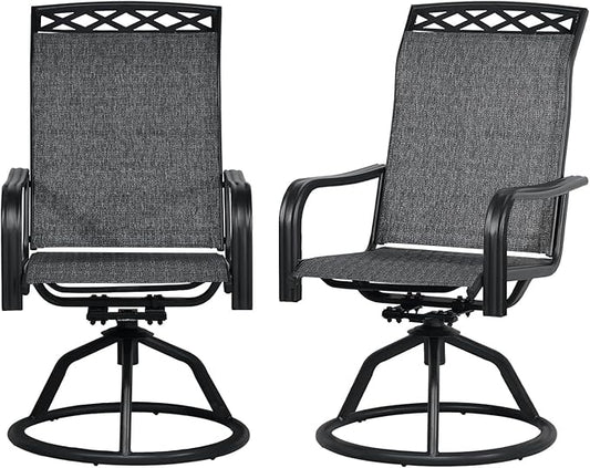SHGJ&SOFT Patio Swivel Chairs, Waterproof Outdoor Dining Chairs with All-Weather Textilene Mesh for Deck, Garden, and Backyard (Patterned backrest-Grey, Set of 2)
