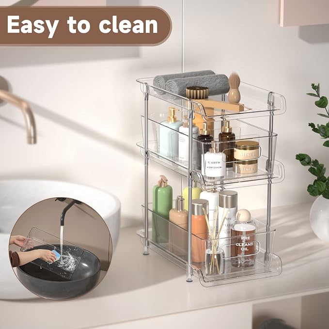 2Set 3 Tier Clear Bathroom Organizer with Dividers, Pull-Out Pantry Organization and Storage, Multi-Purpose Under Sink Organizers and Storage, Vanity Skincare Cosmetic Closet Organizer Medicine Bins