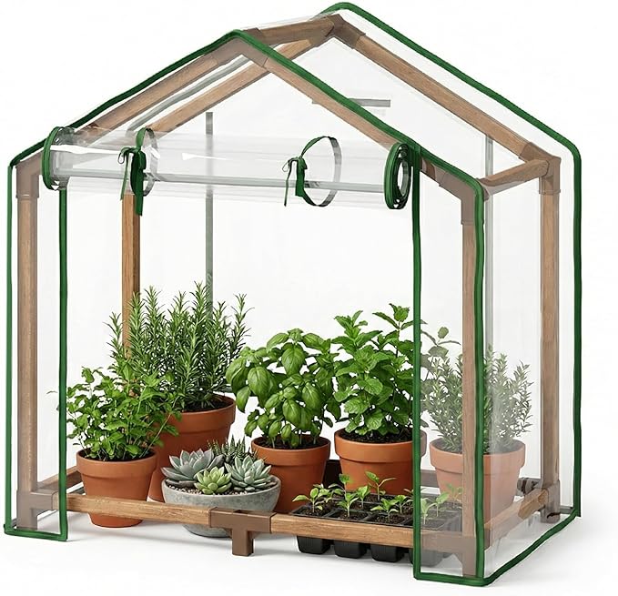 Leaf&Lull Mini Greenhouse Indoor Desktop with Zippered Doors & Roll-up Windows Elevated Bottom Portable Plant Hot House with Durable PE Cover Ventilation Window for Seed Starting&Plant Growth