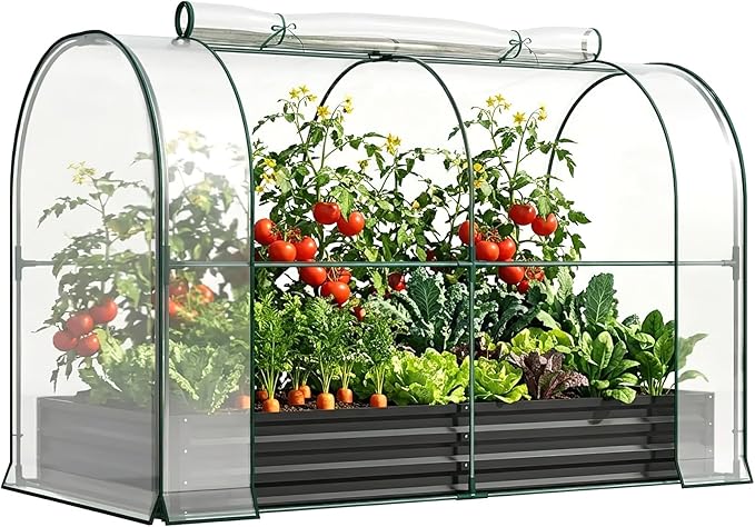 DoCred Galvanized Raised Garden Bed with PVC Cover, 84.6" x 45.3" x 47.2" Metal Planter Bottomless Box w/ Roll-Up Window, Mini Greenhouse Tent for Outdoor Growing Vegetables Flower Fruit