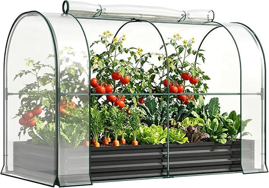 DoCred Galvanized Raised Garden Bed with PVC Cover, 84.6" x 45.3" x 47.2" Metal Planter Bottomless Box w/ Roll-Up Window, Mini Greenhouse Tent for Outdoor Growing Vegetables Flower Fruit