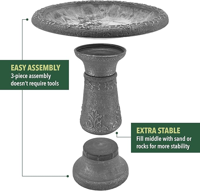 Arcadia Garden Products BB05 Fiberclay Bird Bath Outdoor Garden Decor, Antique Vintage Weather Resistant Water Bowl for Backyard and Patio and, 20-inch Tall, Black