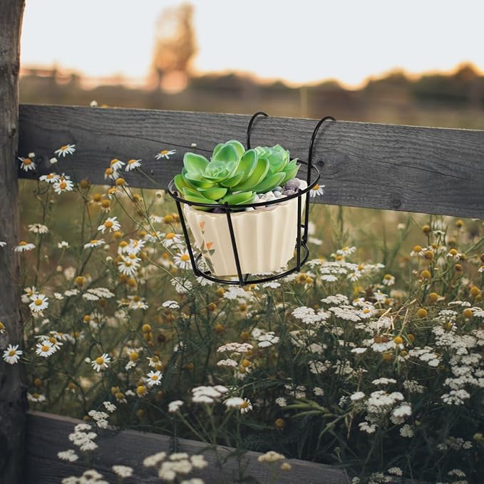 DOITOOL 2 Pcs Balcony Planters Railing Hanging Plant Holder, Metal Fence Planters Hanging Bucket Plant Hangers Flower Pot Holder for Patio Balcony Deck Railing Garden Orchid Patio Outdoor