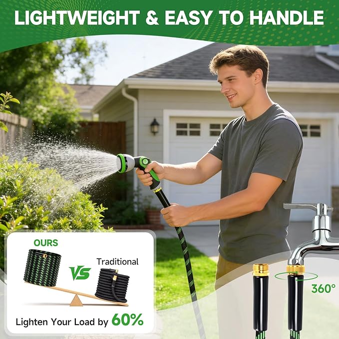 Garden Hose 25ft Flexible Non-Expandable Water Hose Ultra Lightweight Kink-Free Leak-Proof Durable & Abrasion-Resistant with 3/4" Brass Fittings for Patio Yard RV and Outdoor Use